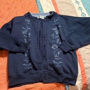 Navy Blue Floral Embroidered Women's Cardigan